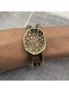 Melinda Maria Gold Tone Hammered Double Cuff Bracelet Crystal Rhinestone